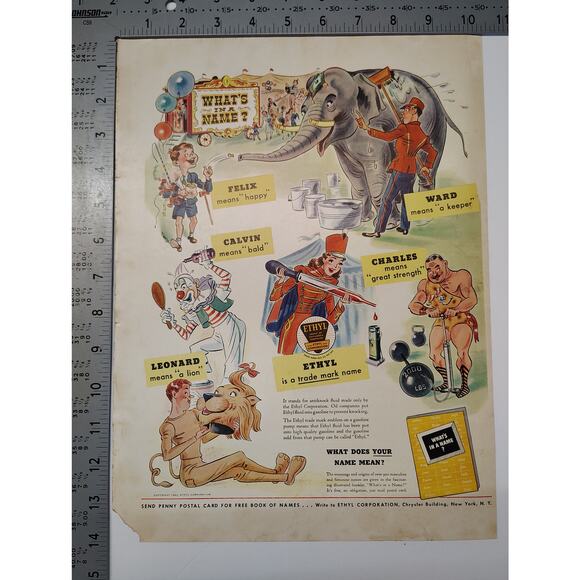 1943 Fun Circus Theme Ethyl Corp Print Ad What Does Your Name Mean 1940s Cartoon - Picture 3 of 8